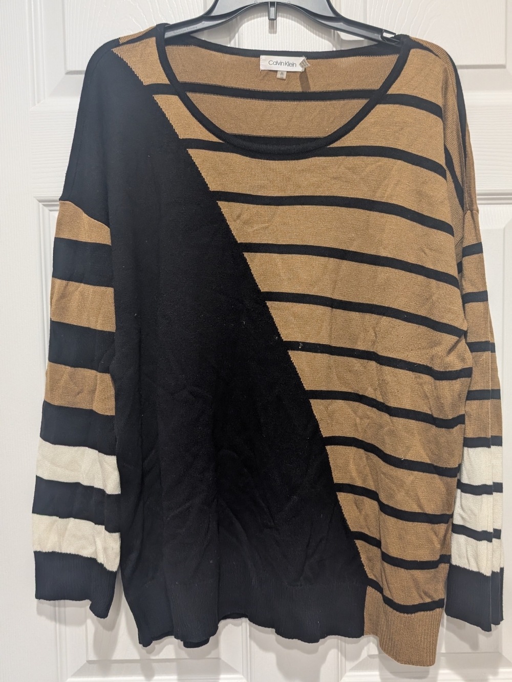 Calvin Klein Black and Tan Striped Crew Neck Sweater